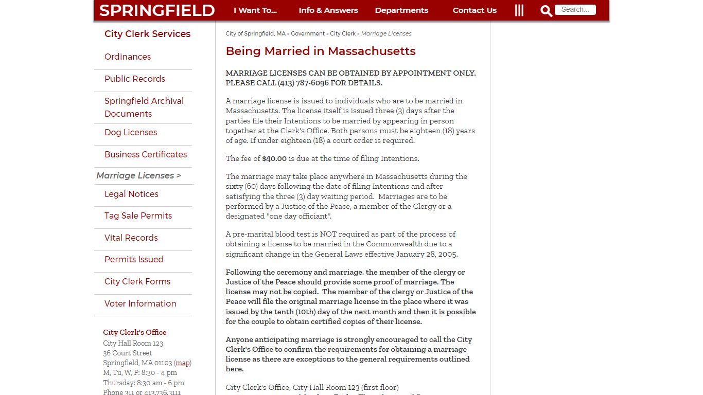 Marriage Licenses: City of Springfield, MA